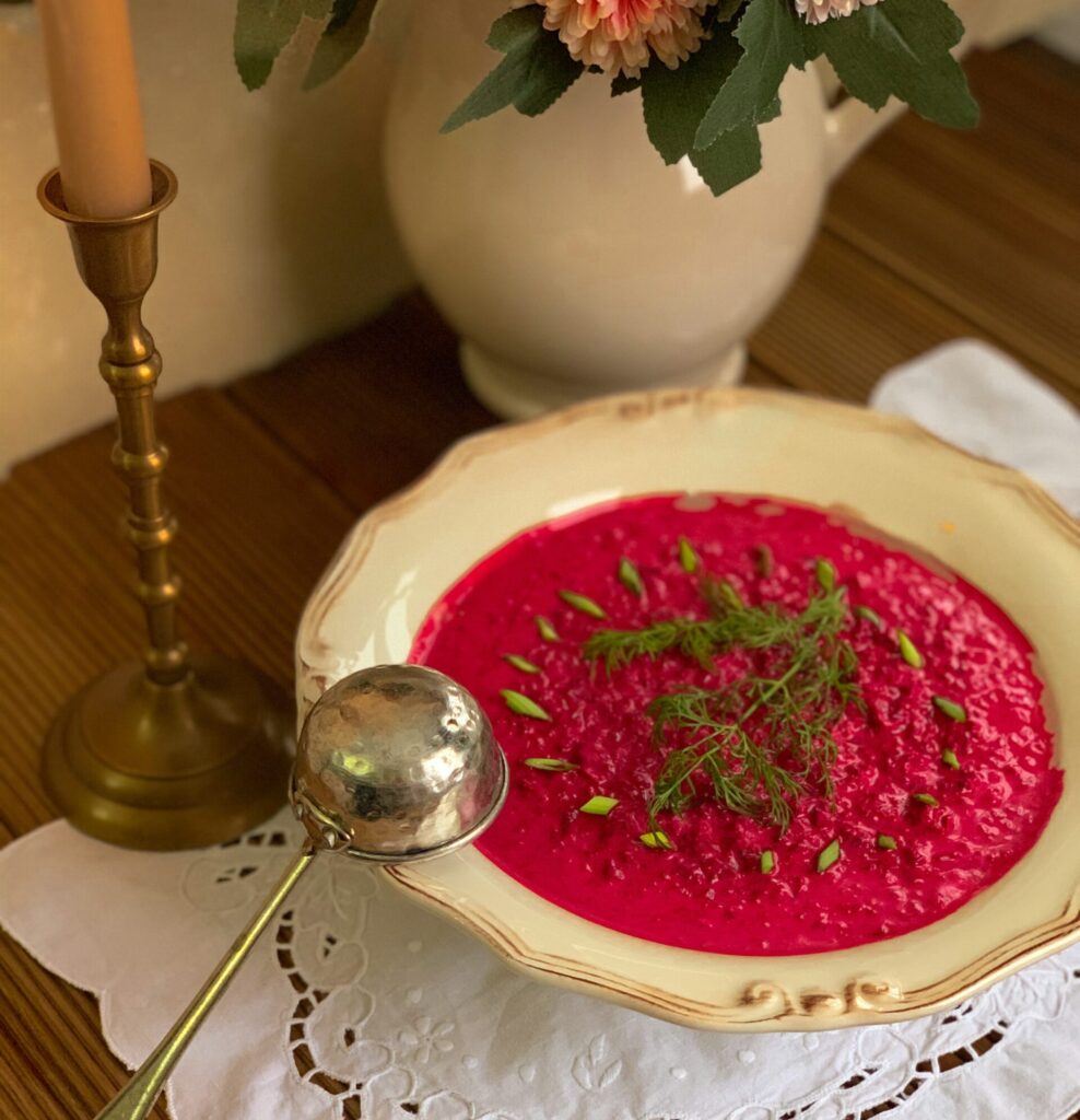 A bowl of beetroot and chickpea soup